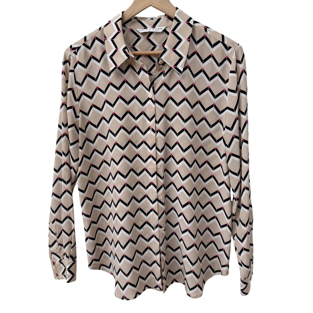 Trina Turk Silk Button Down Blouse Tan Black‎ Pink Chevron Geometric Top